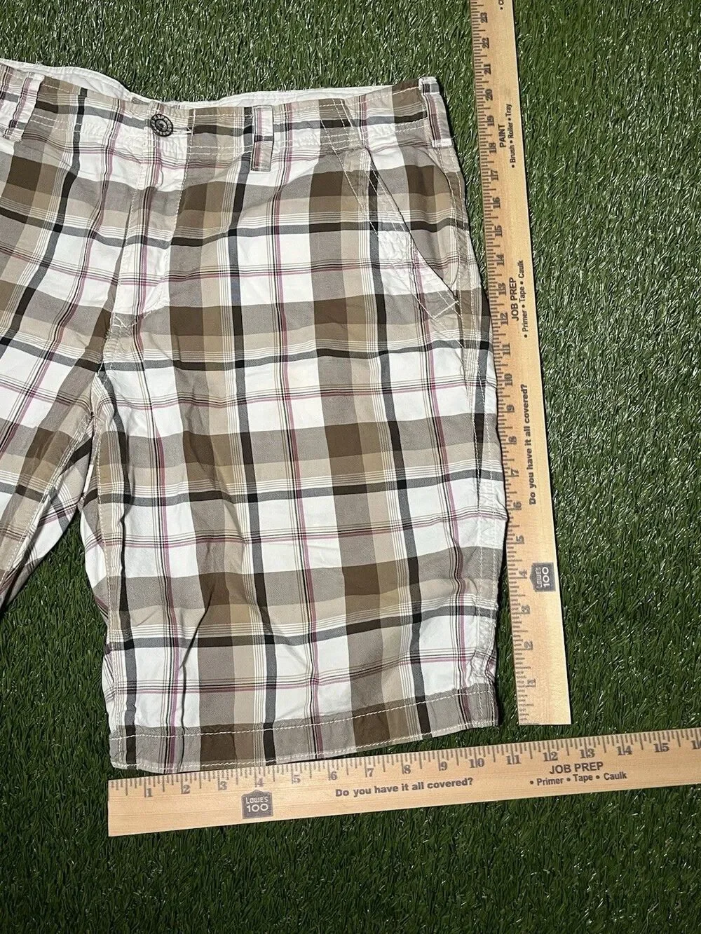 Express Plaid Chino Men's Shorts, Cotton, Brown Beige Pink White, Button Size 36